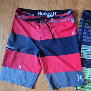 Hurley Red Black Gray Striped Board Shorts